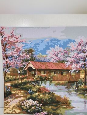 Covered Bridge Finished Acrylic‎ Painting Paint By Number 20x16 Cherry Blossom